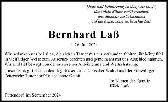 Traueranzeige von Bernhard Laß von Eckernförder Zeitung, Hallo Eckernförde