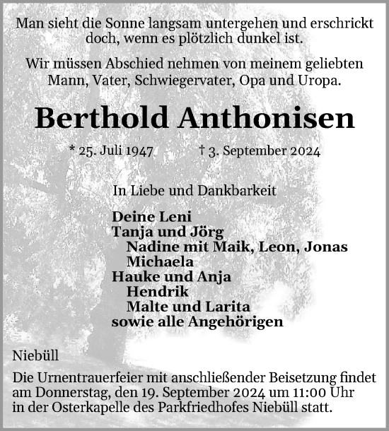 Traueranzeige von Berthold Anthonisen von Husumer Nachrichten, Nordfriesland Tageblatt