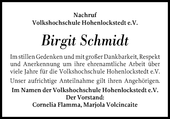 Traueranzeige von Birgit Schmidt von Norddeutsche Rundschau, Wilstersche Zeitung, Glückstädter Fortuna