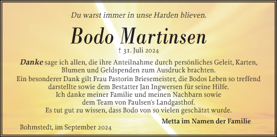 Traueranzeige von Bodo Martinsen von Husumer Nachrichten, Nordfriesland Tageblatt