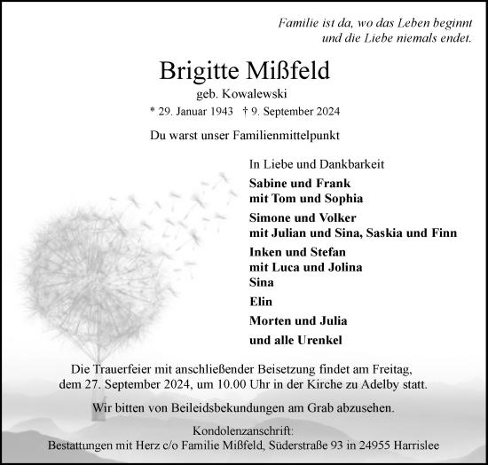 Traueranzeige von Brigitte Mißfeld von Flensburger Tageblatt