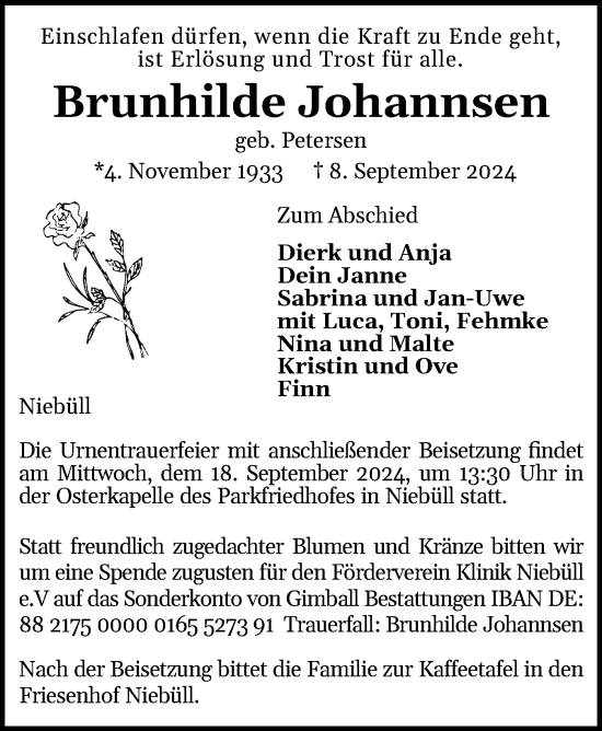 Traueranzeige von Brunhilde Johannsen von Husumer Nachrichten, Nordfriesland Tageblatt