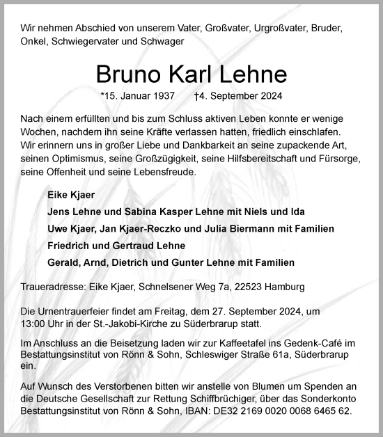 Traueranzeige von Bruno Karl Lehne von Schleswiger Nachrichten, Schlei-Bote