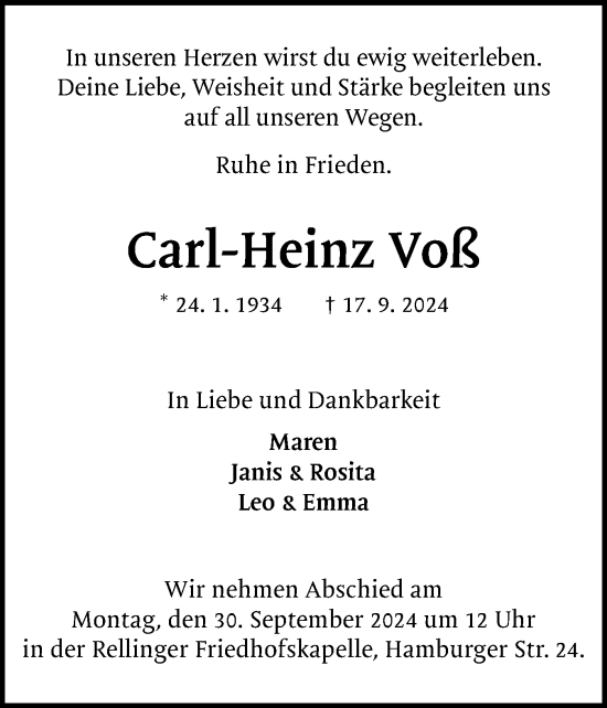 Traueranzeige von Carl-Heinz Voß von Region Pinneberg und tip Pinneberg