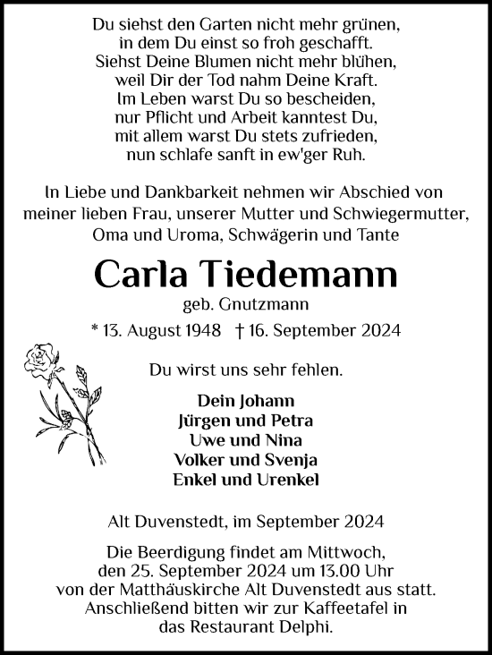 Traueranzeige von Carla Tiedemann von Schleswig-Holsteinische Landeszeitung