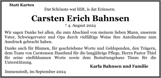 Traueranzeige von Carsten Erich Bahnsen von Husumer Nachrichten, Nordfriesland Tageblatt