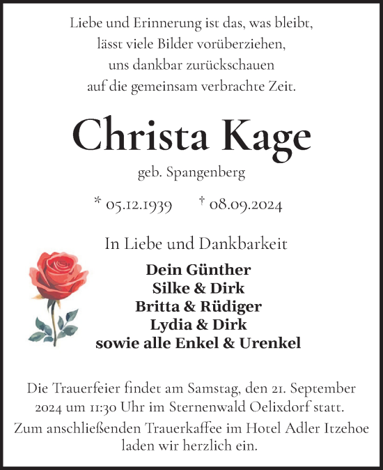 Traueranzeige von Christa Kage von Norddeutsche Rundschau, Wilstersche Zeitung, Glückstädter Fortuna