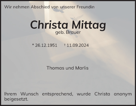 Traueranzeige von Christa Mittag von Holsteinischer Courier