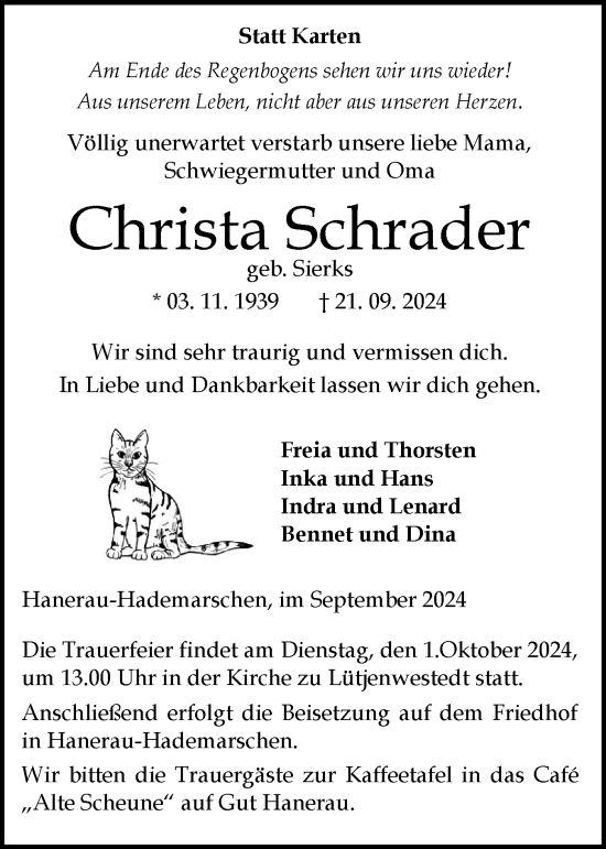 Traueranzeige von Christa Schrader von Schleswig-Holsteinische Landeszeitung