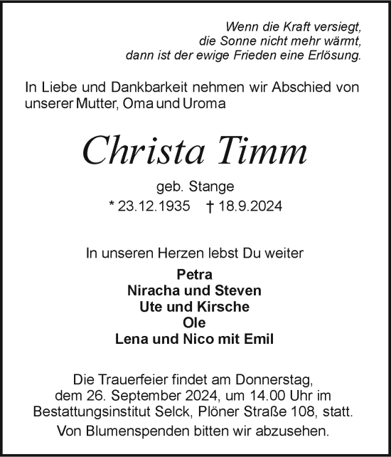 Traueranzeige von Christa Timm von Holsteinischer Courier