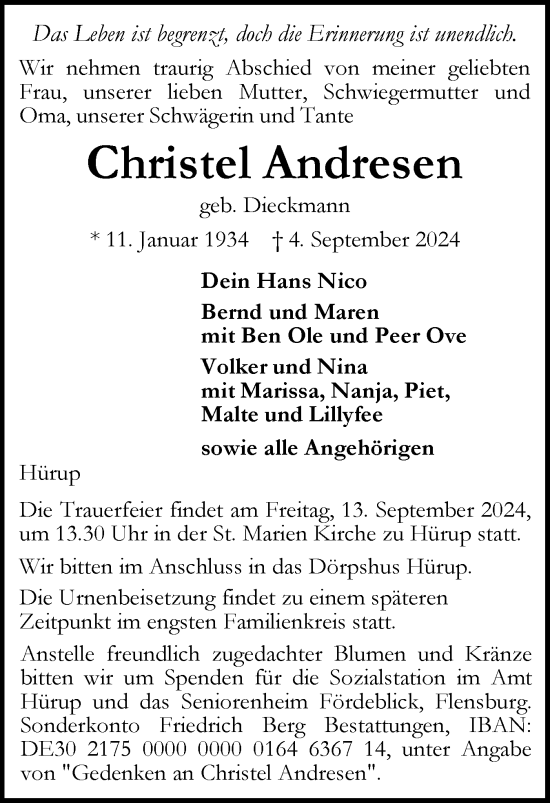 Traueranzeige von Christel Andresen von Flensburger Tageblatt