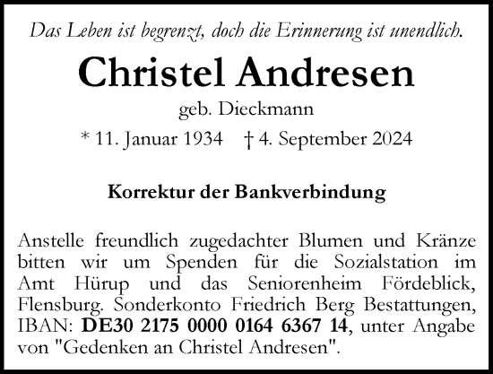 Traueranzeige von Christel Andresen von Flensburger Tageblatt
