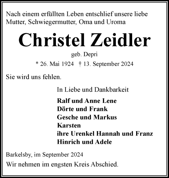Traueranzeige von Christel Zeidler von Eckernförder Zeitung, Hallo Eckernförde