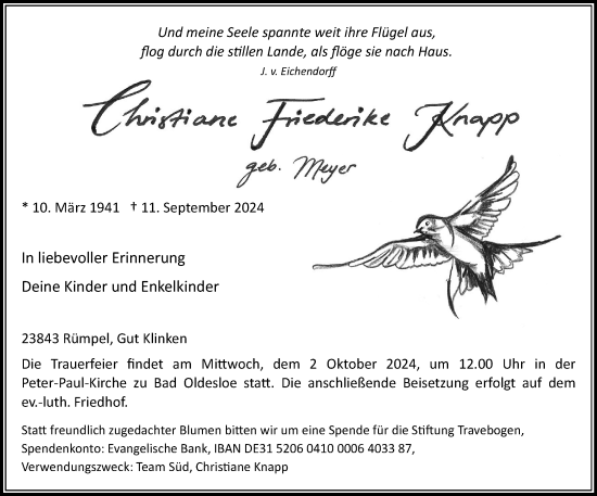 Traueranzeige von Christiane Friederike Knapp von Stormaner Tageblatt