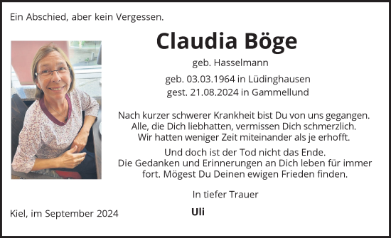 Traueranzeige von Claudia Böge von Schleswiger Nachrichten, Schlei-Bote