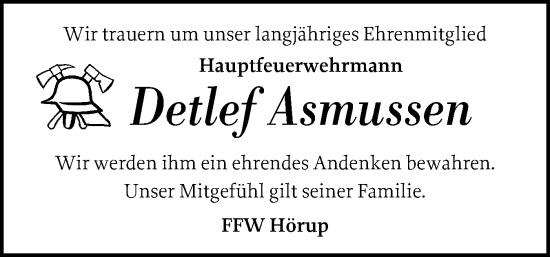 Traueranzeige von Detlef Asmussen von Flensburger Tageblatt