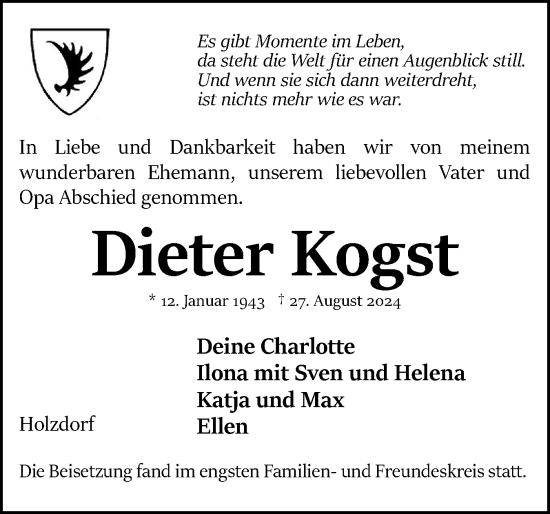 Traueranzeige von Dieter Kogst von Eckernförder Zeitung, Hallo Eckernförde