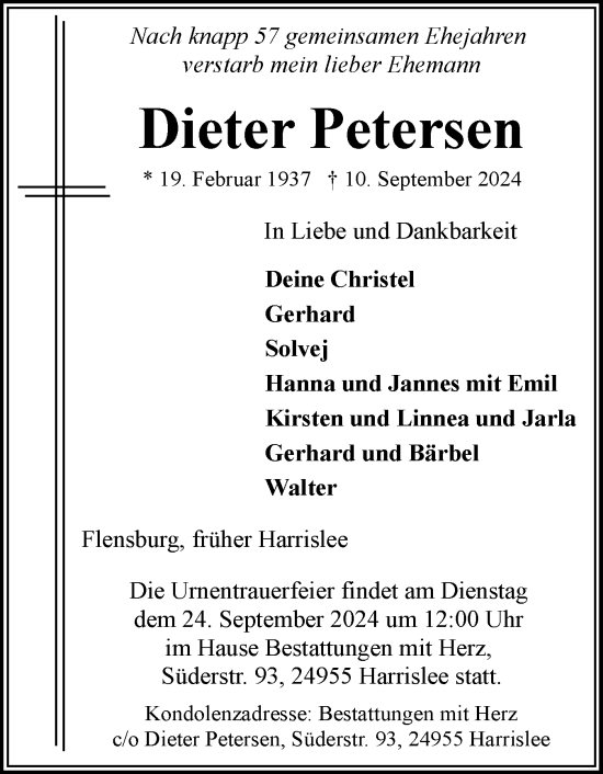 Traueranzeige von Dieter Petersen von Flensburger Tageblatt