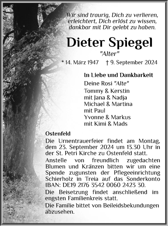 Traueranzeige von Dieter Spiegel von Region Flensburg