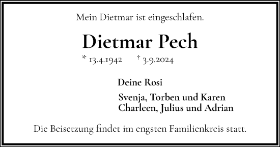 Traueranzeige von Dietmar Pech von Norddeutsche Rundschau, Wilstersche Zeitung, Glückstädter Fortuna