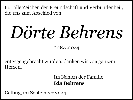 Traueranzeige von Dörte Behrens von Flensburger Tageblatt