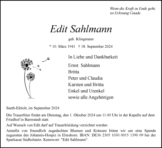 Traueranzeige von Edit Sahlmann von Elmshorner Nachrichten, Barmstedter Zeitung