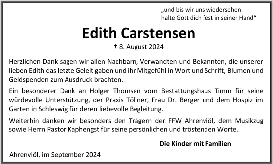 Traueranzeige von Edith Carstensen von Husumer Nachrichten, Nordfriesland Tageblatt