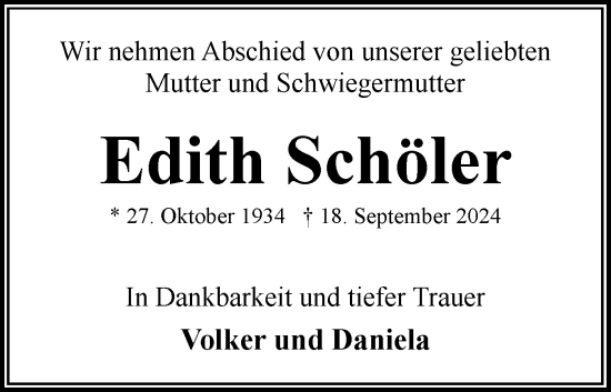 Traueranzeige von Edith Schöler von Eckernförder Zeitung, Hallo Eckernförde
