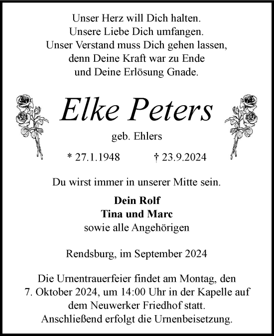 Traueranzeige von Elke Peters von Schleswig-Holsteinische Landeszeitung