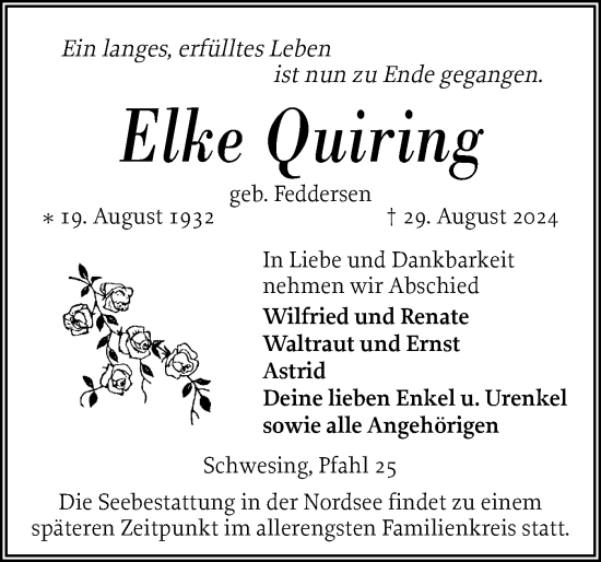 Traueranzeige von Elke Quiring von Husumer Nachrichten, Nordfriesland Tageblatt