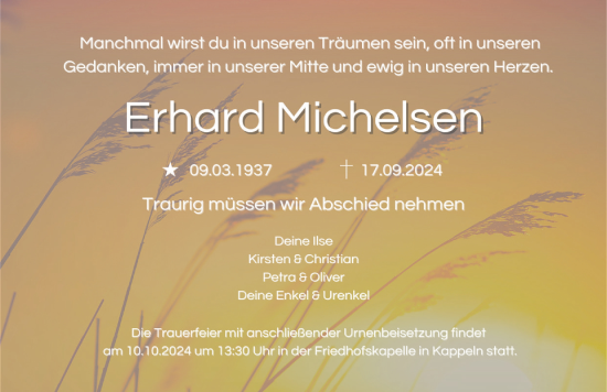 Traueranzeige von Erhard Michelsen von Schleswiger Nachrichten, Schlei-Bote