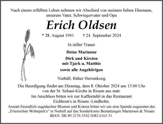 Traueranzeige von Erich Oldsen von Husumer Nachrichten, Nordfriesland Tageblatt