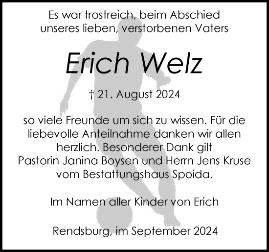 Traueranzeige von Erich Welz von Schleswig-Holsteinische Landeszeitung