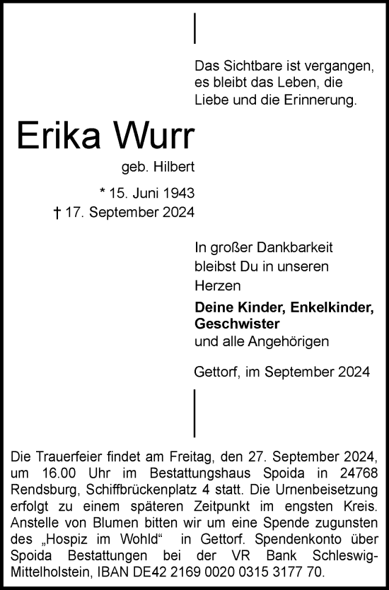 Traueranzeige von Erika Wurr von Schleswig-Holsteinische Landeszeitung