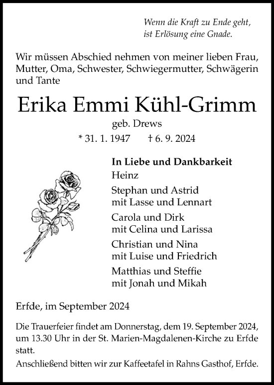 Traueranzeige von Erika Emmi Kühl-Grimm von Schleswig-Holsteinische Landeszeitung