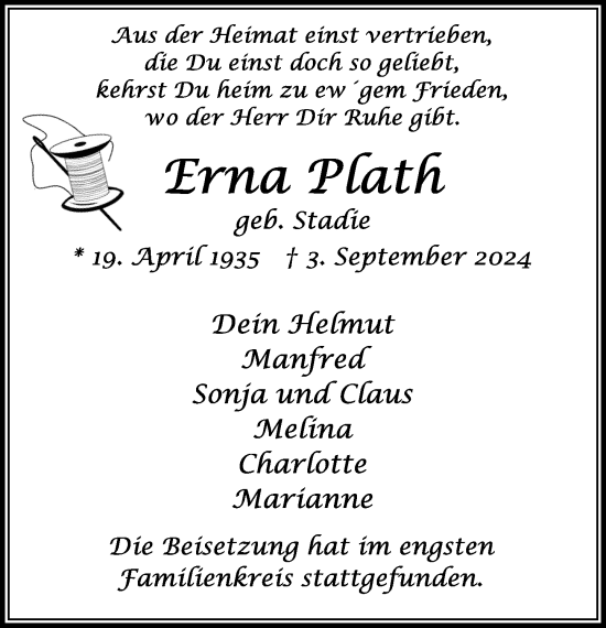 Traueranzeige von Erna Plath von Stormaner Tageblatt