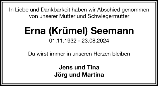 Traueranzeige von Erna Seemann von Stormaner Tageblatt