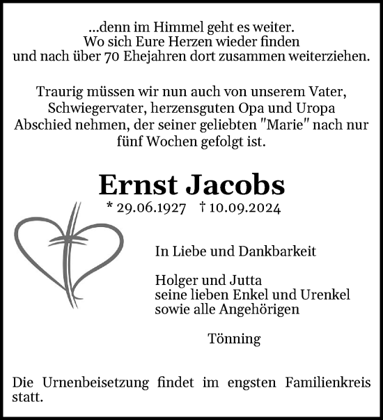 Traueranzeige von Ernst Jacobs von Husumer Nachrichten, Nordfriesland Tageblatt