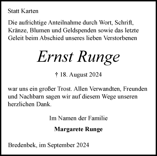 Traueranzeige von Ernst Runge von Schleswig-Holsteinische Landeszeitung
