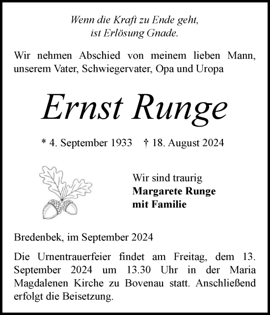 Traueranzeige von Ernst Runge von Schleswig-Holsteinische Landeszeitung