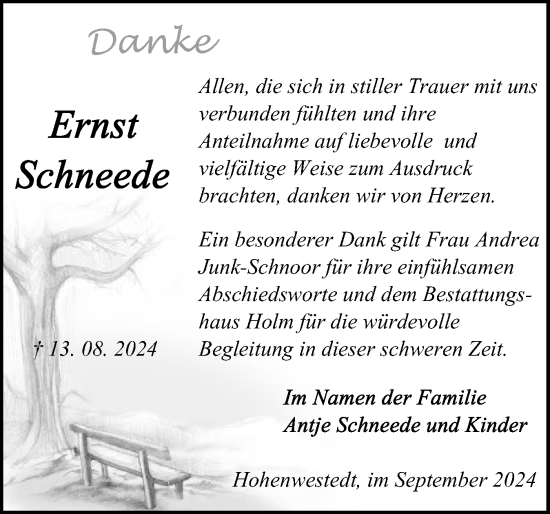 Traueranzeige von Ernst Schneede von Schleswig-Holsteinische Landeszeitung
