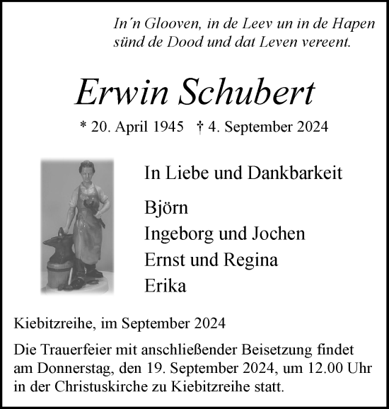 Traueranzeige von Erwin Schubert von Elmshorner Nachrichten, Barmstedter Zeitung