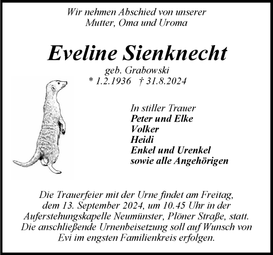 Traueranzeige von Eveline Sienknecht von Holsteinischer Courier