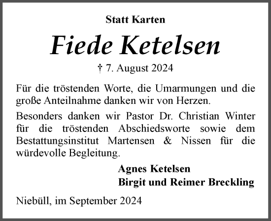Traueranzeige von Fiede Ketelsen von Husumer Nachrichten, Nordfriesland Tageblatt