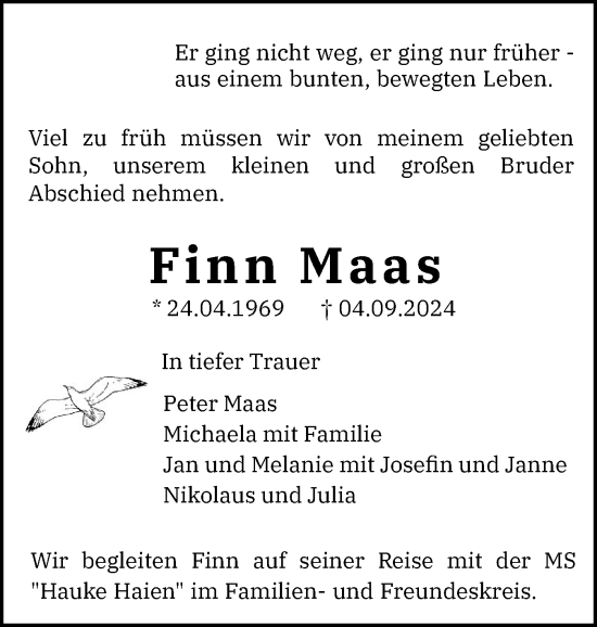 Traueranzeige von Finn Maas von Der Insel-Bote