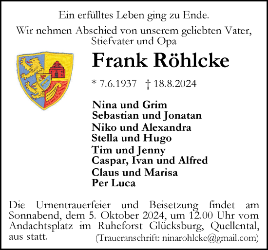 Traueranzeige von Frank Röhlcke von Flensburger Tageblatt