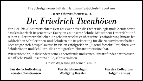 Traueranzeige von Friedrich Twenhöven von Husumer Nachrichten, Nordfriesland Tageblatt