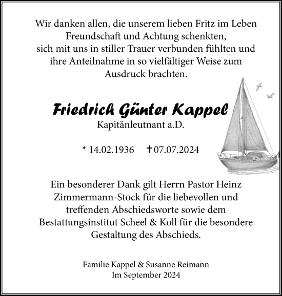 Traueranzeige von Friedrich Günter Kappel von Eckernförder Zeitung, Hallo Eckernförde
