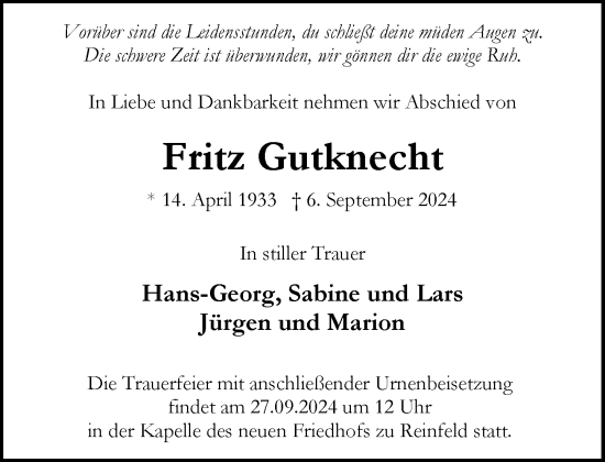 Traueranzeige von Fritz Gutknecht von Stormaner Tageblatt