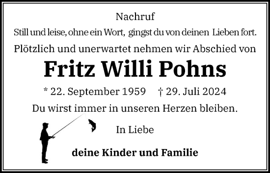 Traueranzeige von Fritz Willi Pohns von Husumer Nachrichten, Nordfriesland Tageblatt